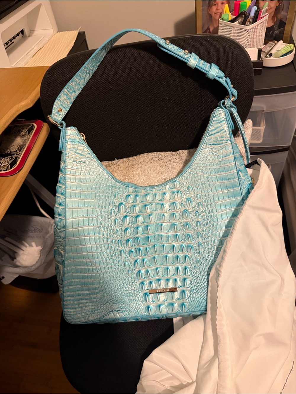 Croc-Embossed Aqua Shoulder Bag